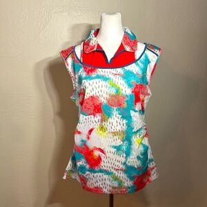 NWT $86 Swarovski Crystal Studded Luxury Golf Floral Polo Cutout Shirt Sz LARGE